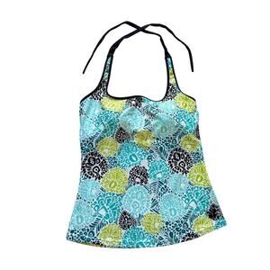 HAPARI Blue Multi Tankini Halter Tank Top Swimsuit Sz L Black Trim